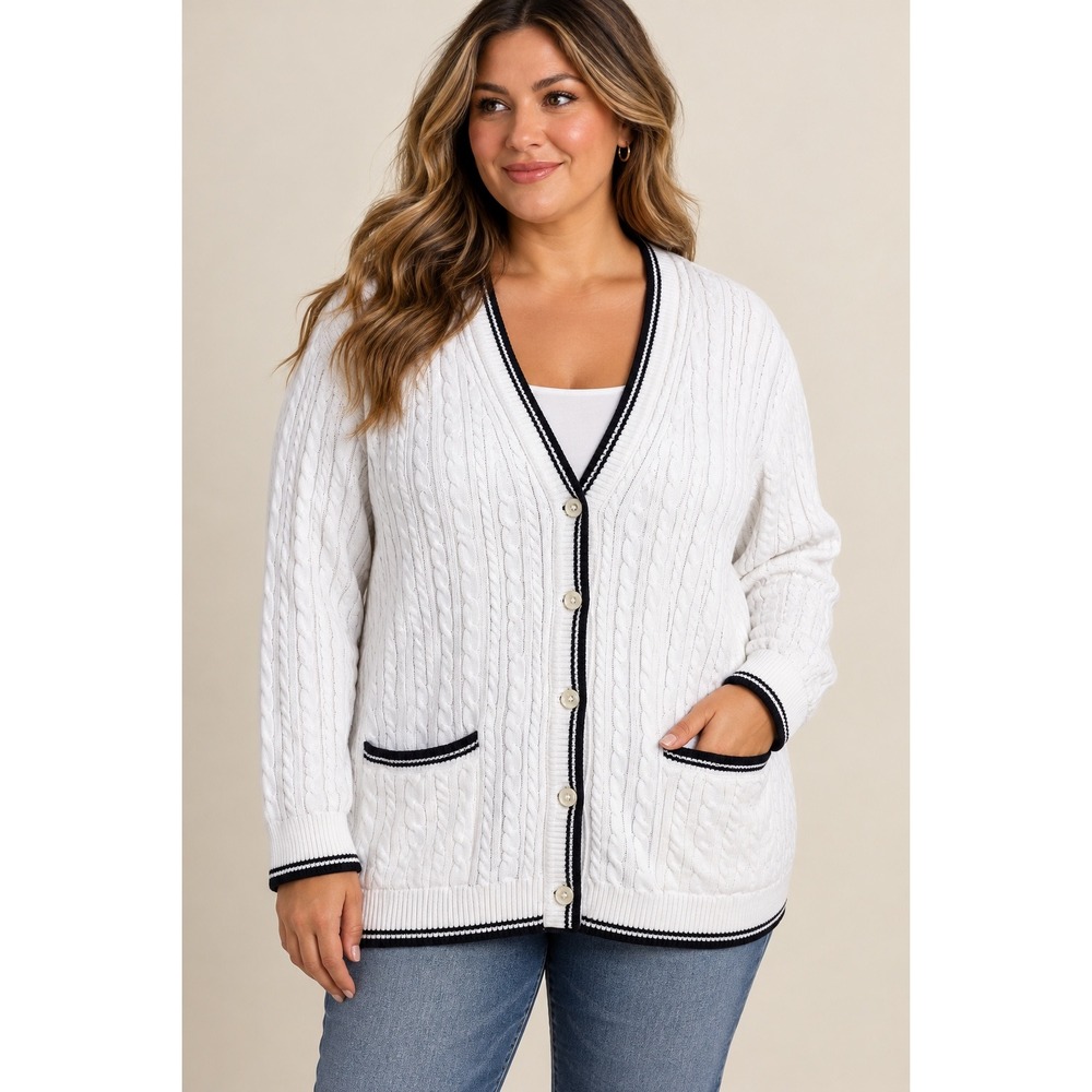 Lauren Ralph Lauren Cardigan Womens 2X White Cable Knit V-Neck Sweater Preppy